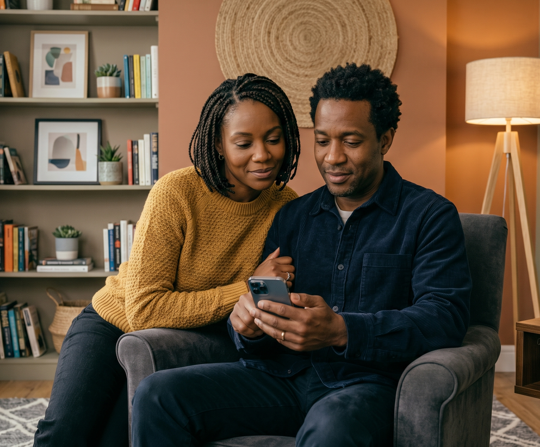 A couple reading a text message together