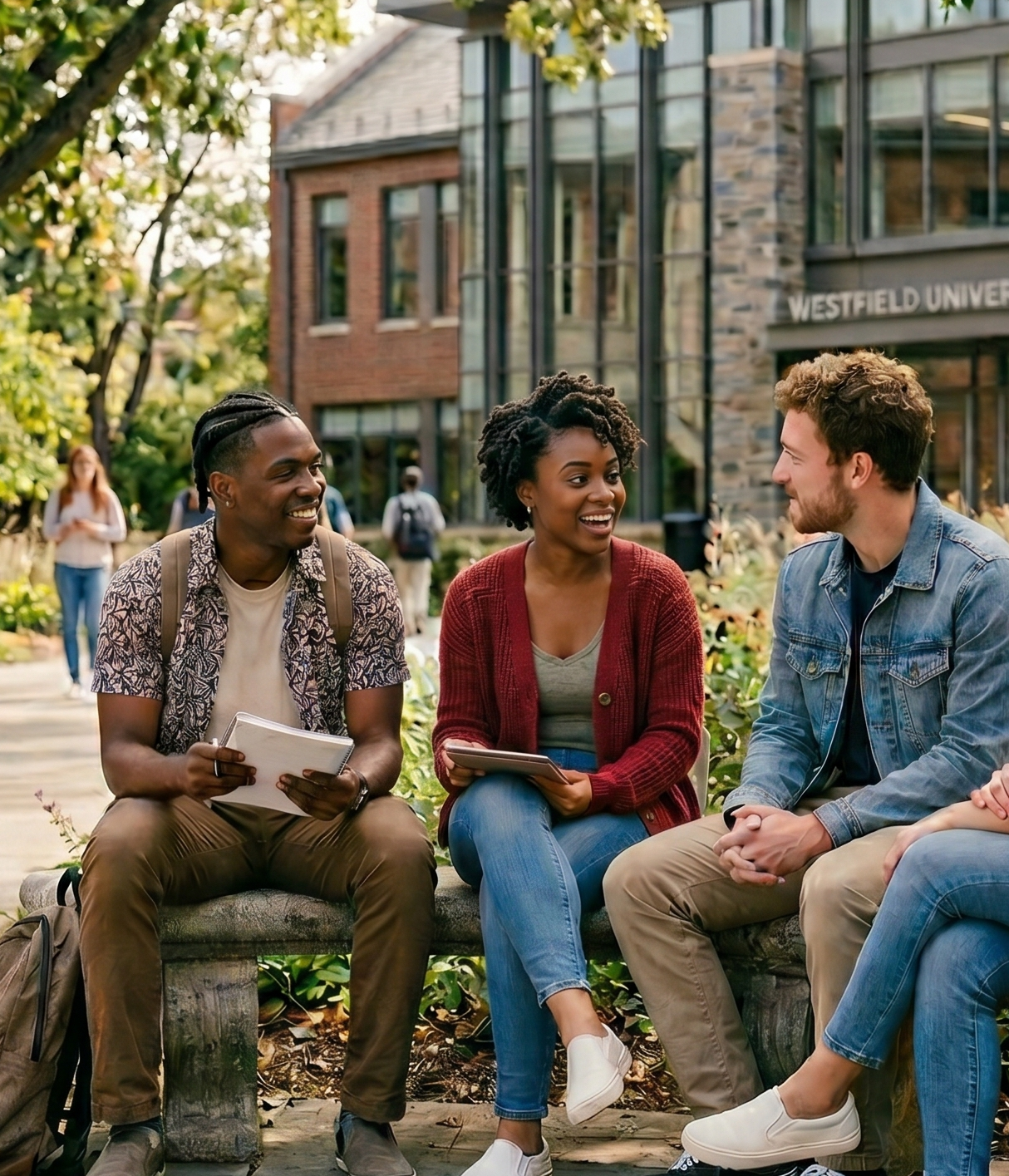 College students smiling while sitting on a bench
