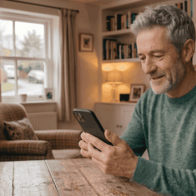 A smiling man at a table at home looks at his phone