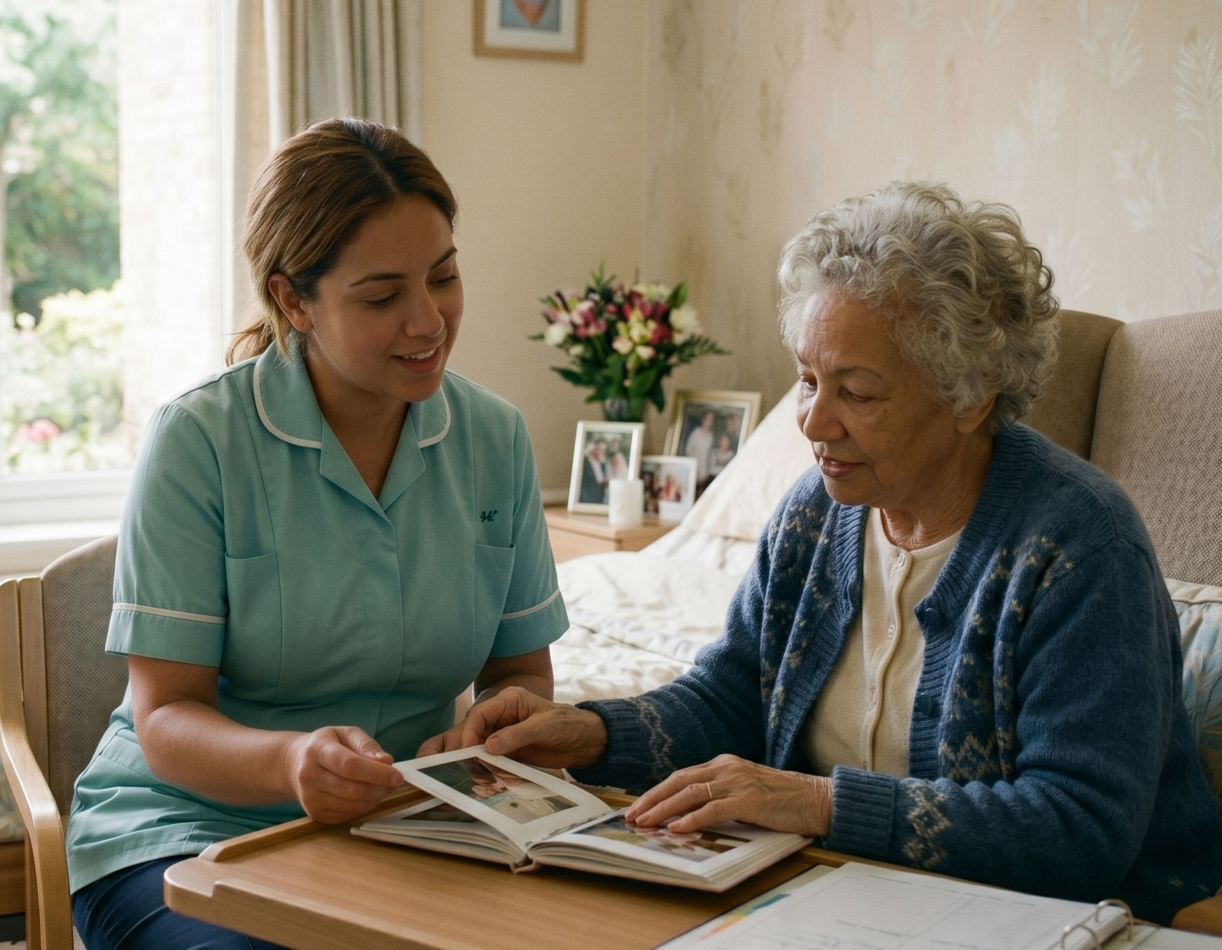 Hospice nurse looking through photos with older woman