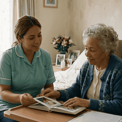 Hospice nurse looking through photos with older woman