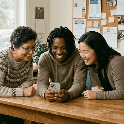 man women looking phone smiling